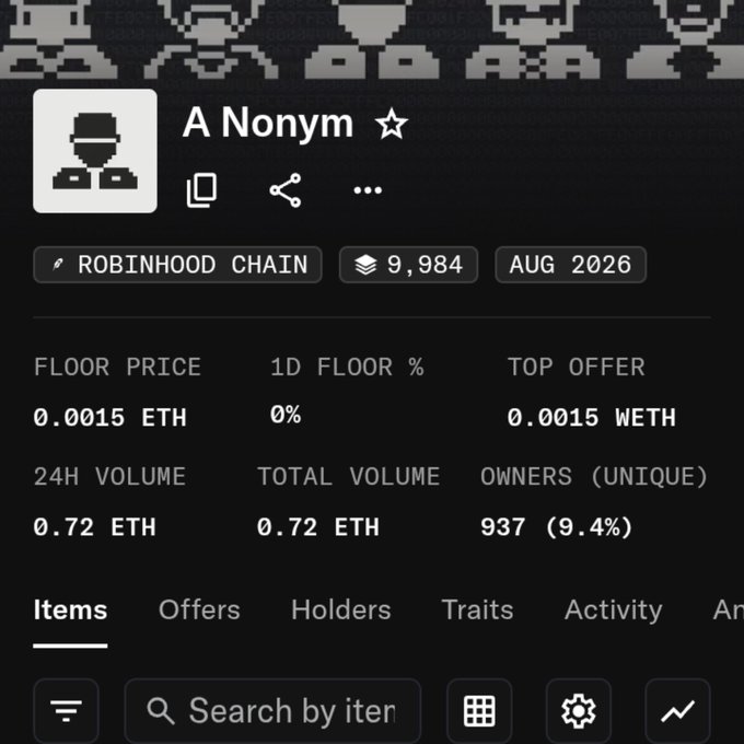 A digital asset dashboard screenshot for "A Nonym" on the "ROBINHOOD CHAIN", showing metrics like a 0.0015 ETH floor price, 0.72 ETH 24H volume, and 937 unique owners.