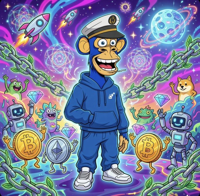 A colorful crypto-themed cartoon scene shows a smiling blue monkey captain surrounded by robots, Shiba Inu, Bitcoin and Ethereum coins, diamonds, rockets, and chains—matching the post’s upbeat “profits and gains” Crypto Twitter greeting.