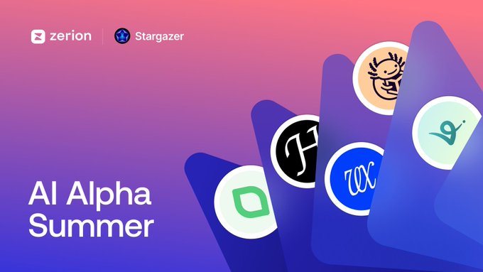 A promotional graphic for an 'AI Alpha Summer' event by Zerion and Stargazer, featuring various crypto logo cards on a purple gradient background.