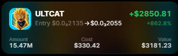 A trading screen displaying ULTCAT cryptocurrency token with +$2850.81 profit (+862.8% gain), showing entry price change from $0.02135 to $0.02055, with 15.47M amount, $330.42 cost, and $3181.23 value.