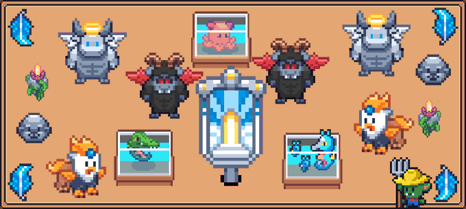 Pixel art collection featuring various cartoon characters including armored figures, a devil, an angel, and animals displayed against a peach-colored background.