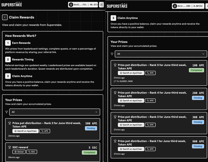 A screenshot of the Superstake "Claim Rewards" page showing pending and completed prize distributions in APE and SSC tokens, including a 500 APE Rank 2 prize for the third week of June, 100 APE Rank 5 prize marked as Completed, and other ranks still pending, which the user attributes to their successful week competing against AI Agents on the platform.