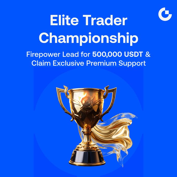 The image promotes an "Elite Trader Championship" offering a "Firepower Lead for 500,000 USDT" and exclusive premium support, featuring a golden trophy on a blue background. It relates to the post by visually highlighting the champion status and significant USDT prize pool associated with the Star Lead Trader Championship and its lead trading battle rewards.