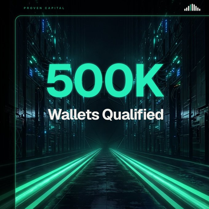 Proven Capital promotional graphic displaying '500K Wallets Qualified' in large text over a futuristic green-lit server room corridor background.