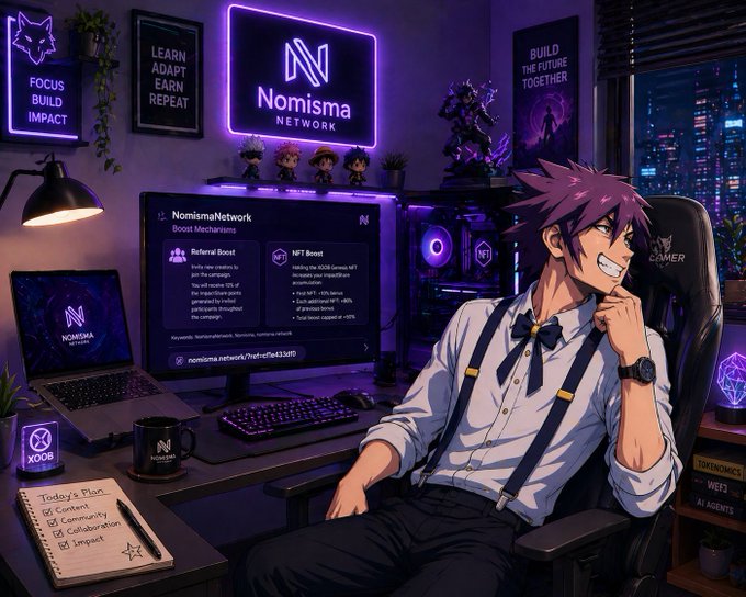 An anime-style illustration of a purple-haired character sitting at a gaming setup with a monitor displaying 'Nomisma Network' and neon signs reading 'FOCUS BUILD IMPACT' and 'LEARN ADAPT EARN REPEAT'.
