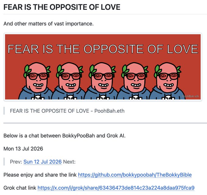 A webpage titled 'FEAR IS THE OPPOSITE OF LOVE' features a row of cartoon characters and references a chat between BokkyPooBah and Grok AI dated July 2026.