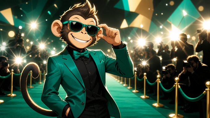A digital illustration of an anthropomorphic monkey character wearing a teal suit, bow tie, and sunglasses, walking down a green carpet lined with photographers.