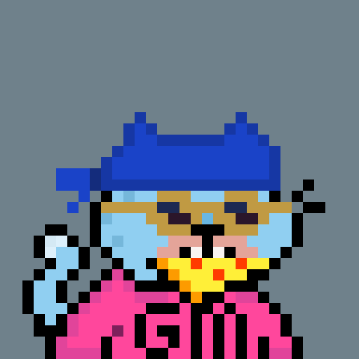 A pixel art illustration depicts a character with blue bear-like ears, yellow-rimmed glasses, and a pink shirt against a gray background.