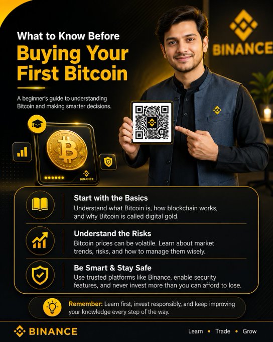 The image is a Binance-branded promotional poster titled "What to Know Before Buying Your First Bitcoin," featuring a young man holding a QR code next to a glowing Bitcoin coin, with key tips including "Start with the Basics," "Understand the Risks," and "Be Smart & Stay Safe" displayed in a black and gold design.