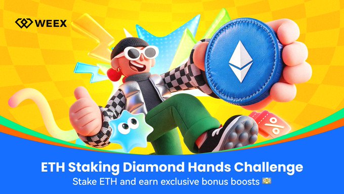 A vibrant Weex promotional banner features a 3D cartoon character with sunglasses holding a large Ethereum coin, advertising the "ETH Staking Diamond Hands Challenge" where users can stake ETH to earn exclusive bonus boosts, running from 09/29/2026 to 10/05/2026 (UTC+8).