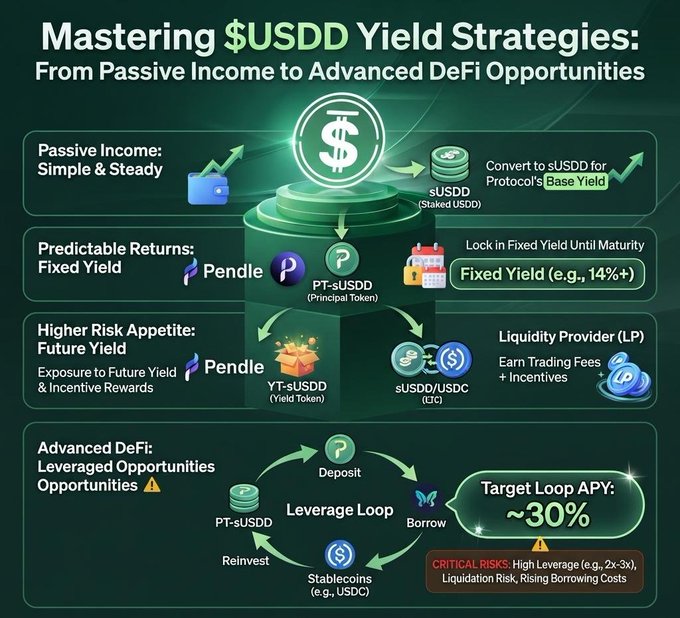 An infographic titled 'Mastering $USDD Yield Strategies: From Passive Income to Advanced DeFi Opportunities,' detailing yield options through Pendle protocol with risk tiers from passive income to leveraged loops targeting ~30% APY.