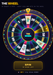 A promotional image for 'THE WHEEL' featuring a colorful spinning prize wheel with various numbers and segments, a 'SPIN' button, and the text 'NFTs CLOSE #5801'.