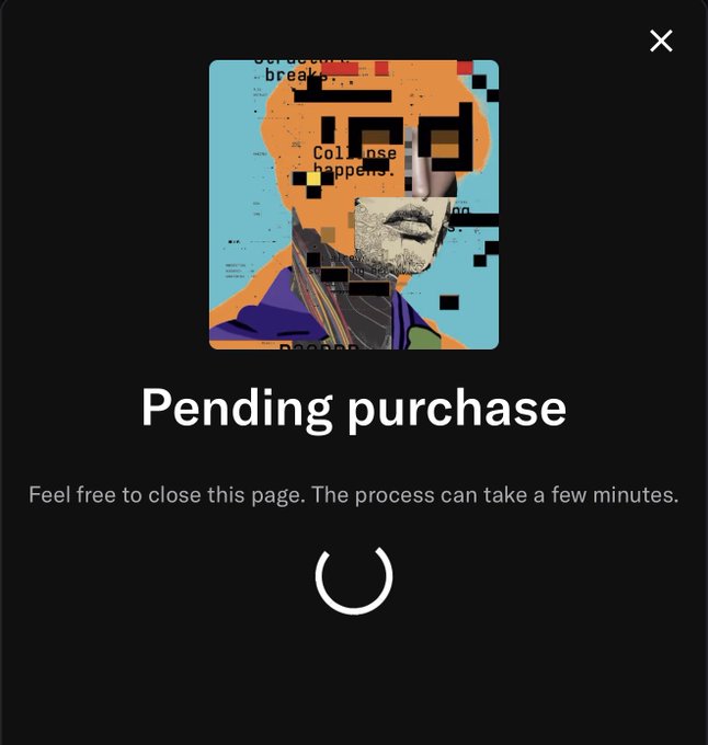 A 'Pending purchase' notification screen with text 'Feel free to close this page. The process can take a few minutes.' alongside pixelated artwork of a person and a loading spinner.