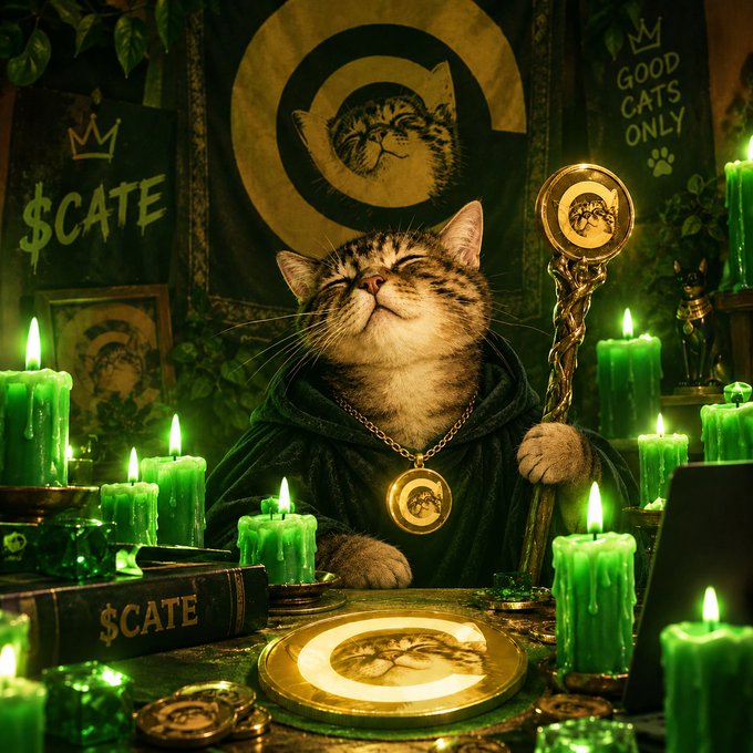 An AI-generated image depicting a cat dressed in green robes sitting at a ceremonial table surrounded by green candles, holding a staff and wearing a $CATE medallion, with "GOOD CATS ONLY" signs visible in the background.