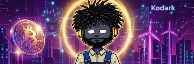 The image features a cartoon character wearing headphones with a beard and dreadlocks, standing against a backdrop of a city skyline at night. The text "kodark.io" is displayed above the character's head, and there are two Bitcoin logos in the background - one on top left corner and another on bottom right corner.