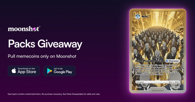 The image features a card from the game Moonshot that has been posted online for free. The card contains an illustration of a group of people, with one person wearing a suit and tie. The text on the card announces a pack giveaway where users can download full-size cards for their favorite characters in the game. The post also mentions that the packs are exclusively available on Moonshot and includes links to the app store and Google Play Store.