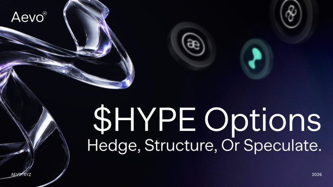 The image is a promotional graphic from Aevo featuring the text "$HYPE Options" and "Hedge, Structure, Or Speculate." against a dark background with abstract glass-like sculpture and floating icons, advertising the platform's newly launched options trading for the $HYPE token.