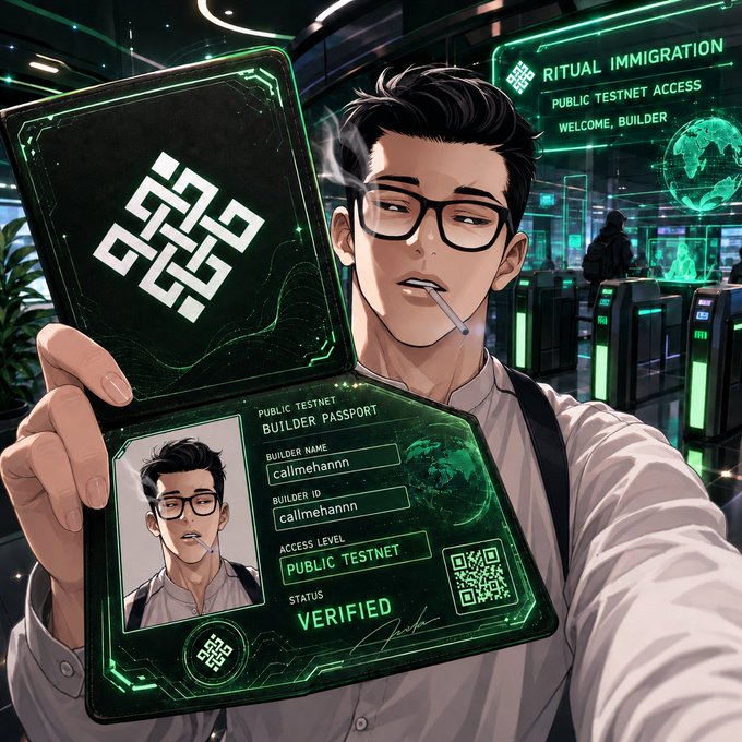 A stylized anime-style man with glasses holds up a glowing green "Builder Passport" for "Public Testnet" under the heading "Ritual Immigration — Welcome, Builder," with his name listed as "callmehanan" and a "VERIFIED" status, visually matching the post's announcement of securing access to Ritual's Public Testnet.