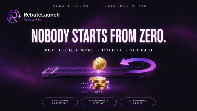 Purple RebateLaunch promo for Robinhood Chain reading “NOBODY STARTS FROM ZERO” and “BUY IT • GET MORE • HOLD IT • GET PAID,” illustrated with coins on a glowing track.