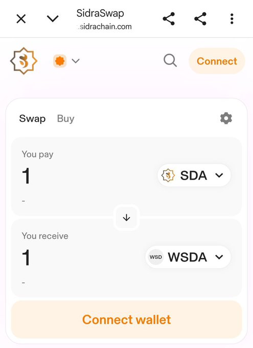 A screenshot of the SidraSwap interface on SidraChain showing a swap function where 1 SDA is exchanged for 1 WSDA, illustrating the 1:1 value ratio mentioned in the post. The image displays both "Swap" and "Buy" tabs, with a "Connect wallet" button below, reinforcing how the platform facilitates seamless token exchanges without loss of value.