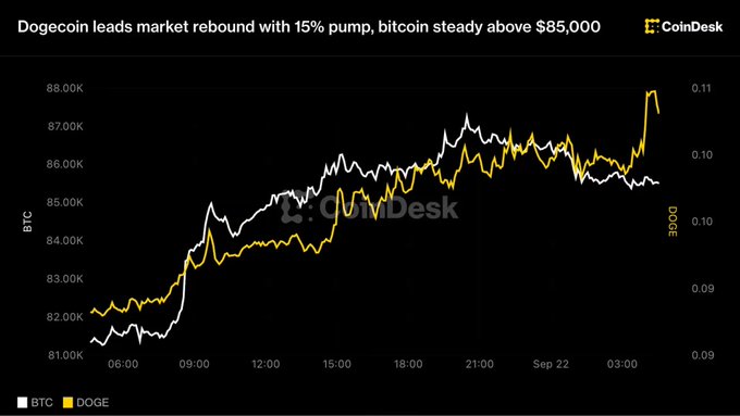 A CoinDesk chart titled 'Dogecoin leads market rebound with 15% pump, bitcoin steady above $85,000' showing BTC and DOGE price movements from around $81,000-$88,000 over September 22.