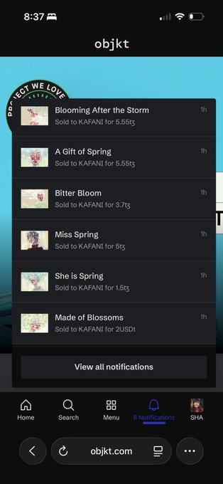 Objkt.com notifications page on a mobile browser showing six recent NFT sales of 'PERFECT WE LOVE' items to KAFANI for various amounts of tez cryptocurrency.