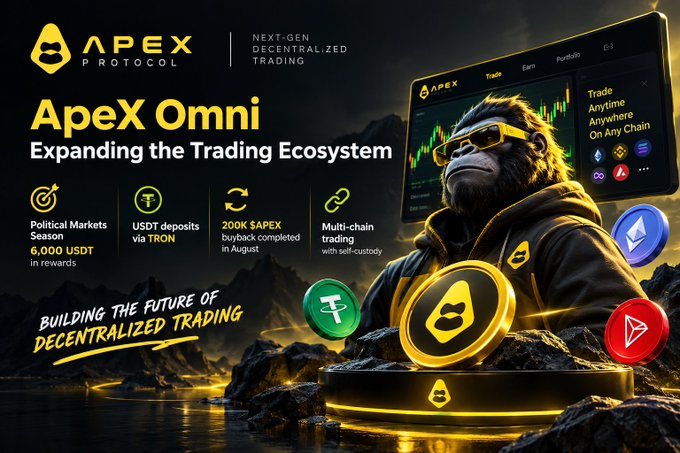 A promotional graphic for ApeX Protocol's 'ApeX Omni' titled 'Expanding the Trading Ecosystem,' highlighting features like political markets, USDT deposits via TRON, $APEX buyback, and multi-chain trading, featuring a gorilla mascot with sunglasses and gold coins.