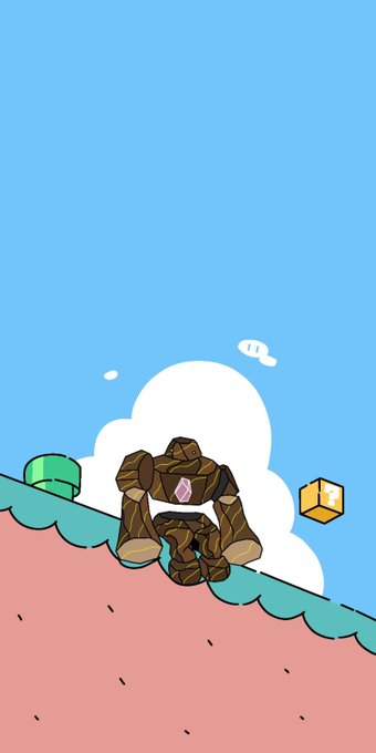 A cartoon illustration of a stone golem character sliding down a pink hill against a blue sky, holding a pink gem, with a green pipe and yellow block in the background.