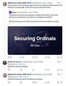A Twitter/X thread by Matthew R. Kratter @mattkratter from April 2024 discussing Casa and securing Ordinals with Bitcoin, including a 'Securing Ordinals' graphic.
