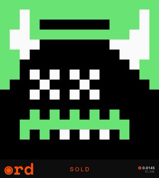 A pixelated artwork depicting a black monster face with white horns and a jagged green mouth on a green background, labeled 'ord' in orange with 'SOLD' and a price of '0.0145' ($1.00) at the bottom.