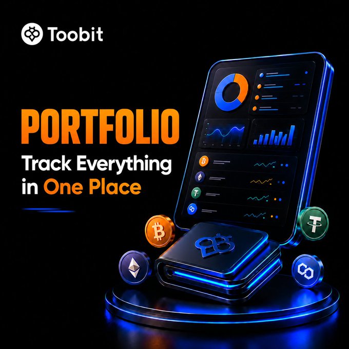 A Toobit promotional banner featuring the headline "PORTFOLIO – Track Everything in One Place" alongside a smartphone displaying crypto charts and a digital wallet surrounded by Bitcoin, Ethereum, Tether, and other coin icons, visually reinforcing the post's message of consolidated account visibility and crypto management.