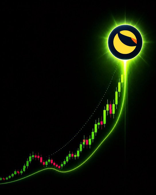 A glowing green candlestick chart ascends sharply upward, topped by the Terra Luna Classic ($LUNC) logo radiating bright light, visually representing the speculative price prediction "$LUNC to $1." The dramatic upward curve of the chart symbolizes the community's ambitious hope for LUNC's massive recovery.