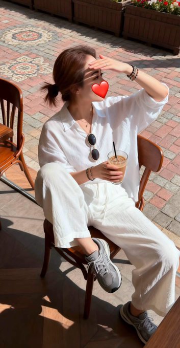 A casual photo of a young woman in a white shirt and pants sitting on a wooden chair outdoors on a tiled patio, holding an iced coffee drink while shading her eyes from the sun.