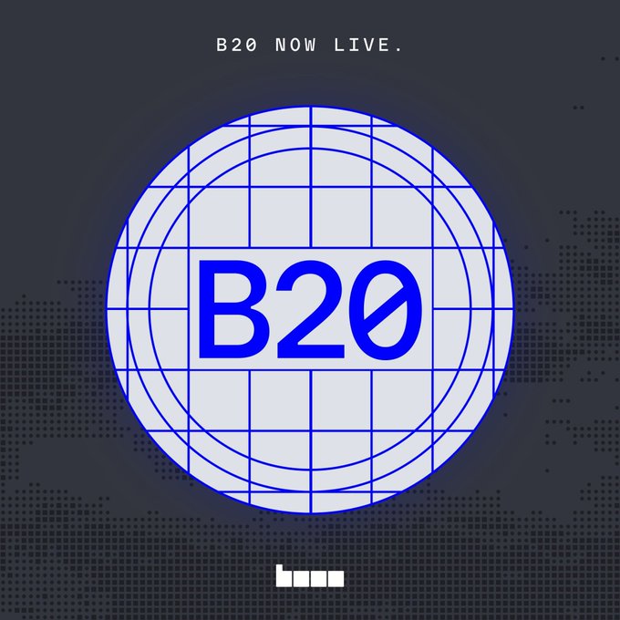 A dark blue promotional graphic with a wireframe globe and the text "B20 NOW LIVE." with "bwm" branding at the bottom.