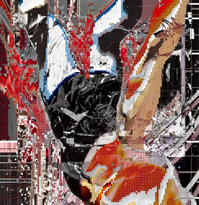An abstract, glitch-style digital artwork featuring fragmented textures in red, black, white, and gold with halftone patterns and distorted geometric shapes.