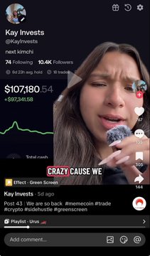The screenshot shows a TikTok profile page for "Kay Invests" (@KayInvests) displaying a portfolio value of $107,180.54 and a post captioned "Post 43 We are so back #memecoin #trade #crypto #slidershustle #greenscreen" featuring a woman holding a microphone. This aligns with the accompanying commentary about people faking crypto trading profits to scam referrals, as the "slidershustle" hashtag and high follower count suggest the page is promoting deceptive crypto investment claims.