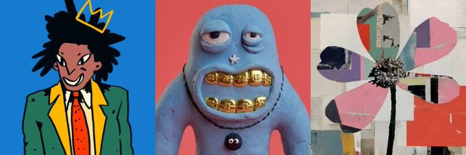 Three side-by-side artworks: a cartoon man with a yellow crown, a blue monster figurine with gold teeth, and a mixed-media flower painting.