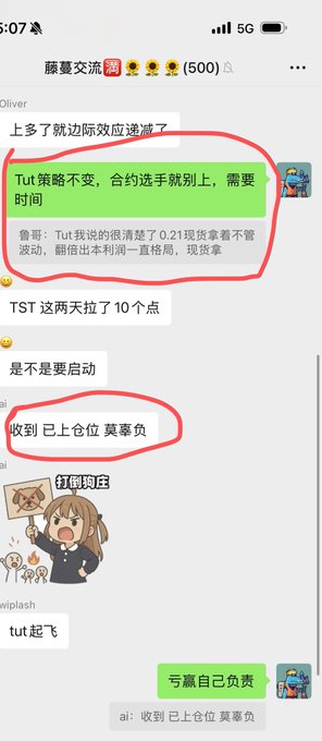 A Chinese WeChat group chat shows messages where a user named "Oliver" reminds members that "TUT" has been recommended since 0.21 with no stop-loss, warning contract traders about the risks. Two messages are circled in red—one about holding TUT positions, and another showing "收到 已上仓位 莫辜负" (Received, already entered position, don't let it down), illustrating a member taking a leveraged position that aligns with the post's warning about contract traders risking heavy losses on altcoin recommendations.