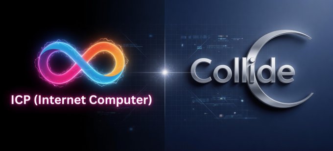 The image features a logo for an internet company named "collide" that has a large, colorful, and eye-catching design with a rainbow-colored "infinity" symbol at its center. The background of the logo is black, which contrasts with the vibrant colors of the infinity symbol. Below this, there's text that reads "ICP Internet Computer". This suggests that the company specializes in internet technology and computer systems.