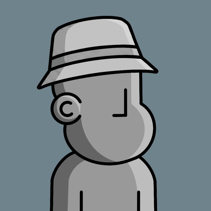 A minimalist cartoon character with a gray face wearing a white bucket hat, shown in profile view against a gray-blue background.