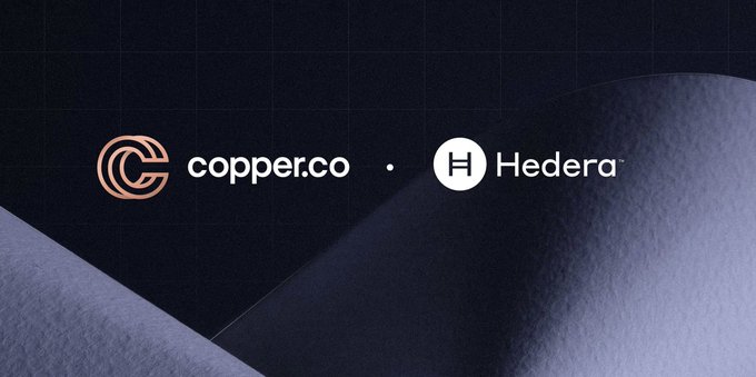 The image features a logo that says "Copperco" above a logo of a person's face with a bowtie. The text below the logos reads, "The hidden bridge between custody and risk. When @CopperHQ brought institutional-grade custody and secure DeFi access to @hedera". This message suggests that the two logos are connected in some way or represent different aspects related to the post about institutional adoption of DeFi.