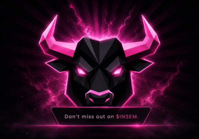 Neon-style digital artwork of a low-poly black bull head with pink glowing horns and eyes, with the text 'Don't miss out on $INSEM.'