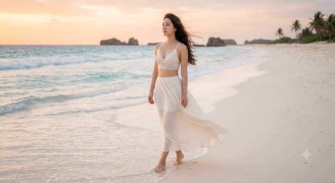 A woman stands peacefully on a sunlit beach at sunrise, wearing a flowing cream-colored outfit as gentle waves lap at her feet. The serene coastal scene perfectly captures the tranquil morning mood described in the post, evoking a sense of calm and connection with nature.