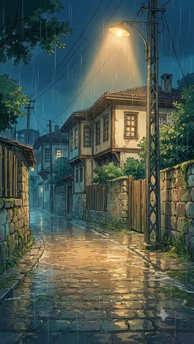 An animated illustration depicts a rainy cobblestone street at night, illuminated by a warm yellow street lamp, flanked by traditional buildings and stone walls.
