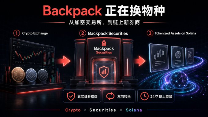 A promotional graphic titled 'Backpack 正在换物种' showing the transition from Crypto Exchange to Backpack Securities to Tokenized Assets on Solana, with text 'Crypto × Securities × Solana'.