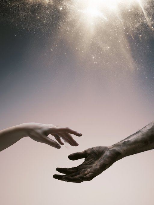 A surreal artwork depicting two hands reaching toward each other—one pale and clean, the other dark and decayed—against a dusty, glowing background.