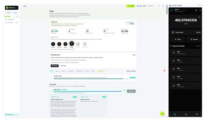 A screenshot of the Anaxi Wallet task page on a desktop, displaying a campaign to earn points for referring friends, with a mobile phone preview showing a wallet balance of 402.07045356 eVLR on the right side.