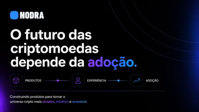 A dark promotional graphic for 'NODRA' with Portuguese text stating 'O futuro das criptomoedas depende da adoção.' Three icons labeled 'PRODUTOS', 'EXPERIÊNCIA', and 'ADOÇÃO' are displayed below.