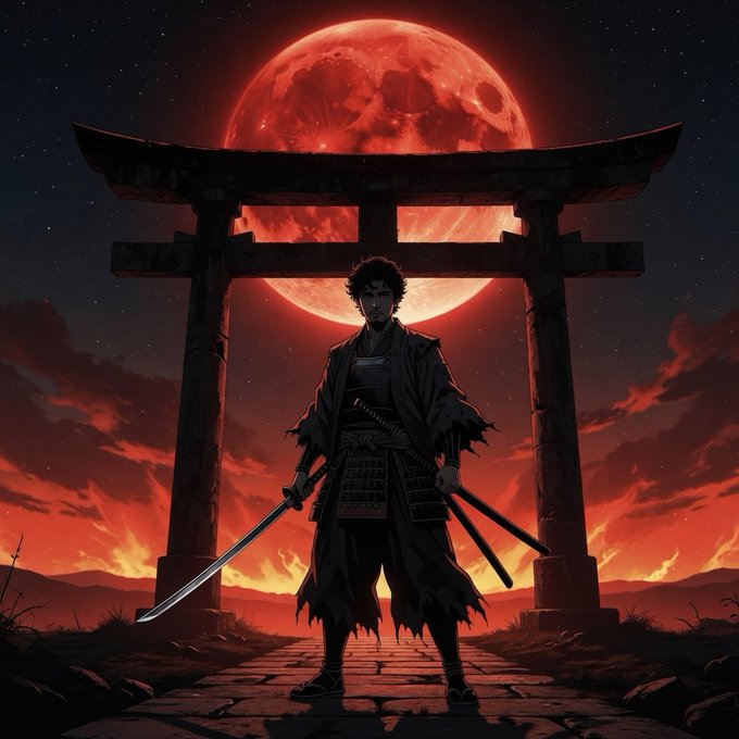 The image features a man dressed as a warrior, holding a sword and standing in front of a torii gate with a large red moon behind him. The scene appears to be set in a dark and mysterious atmosphere, possibly during the night or under a stormy sky. The caption provided seems to be unrelated to the main visual elements and does not provide any context about the image's content.