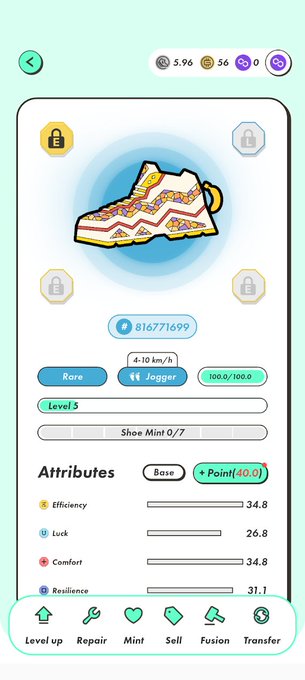A screenshot of the STEPN mobile app displays a Rare Jogger sneaker NFT with attributes like Efficiency (34.8), Luck (26.8), Comfort (34.8), and Resilience (31.7), showing 5.96 SOL, 56 GST, and 0 GMT at the top. The post celebrates entering the Polygon (POL) realm of the move-to-earn game, highlighting expected daily earnings of 11E, 320 GST, and MB5.